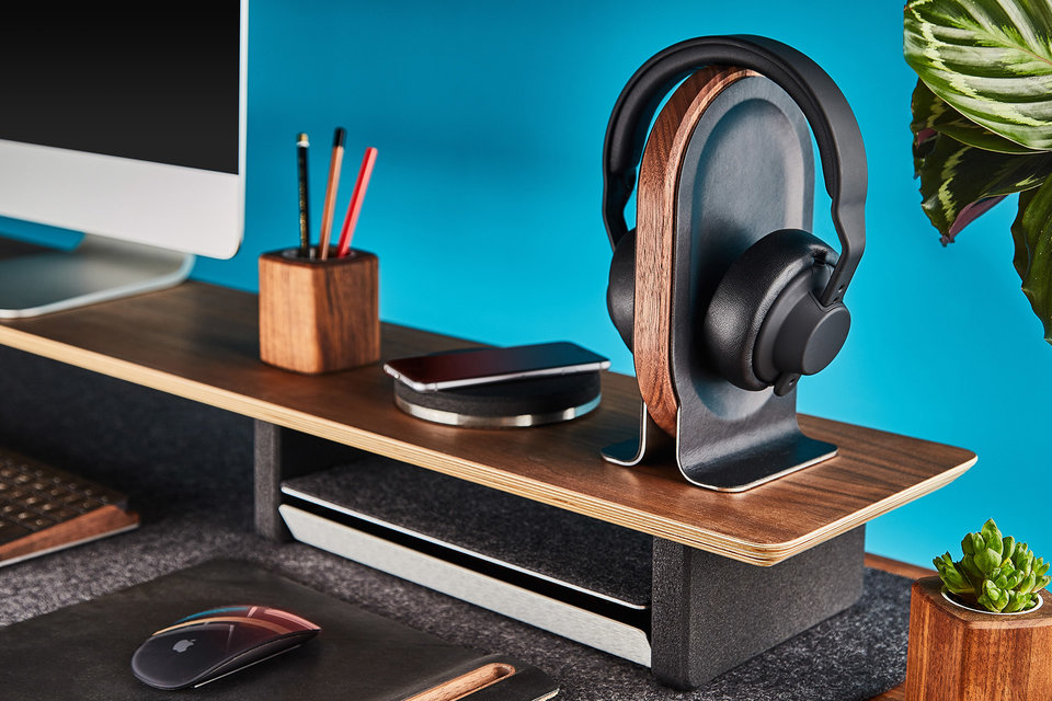 Support Pour Casque En Bois De Noyer Et Métal - Porte-casque De Bureau Amovible Et Antidérapant