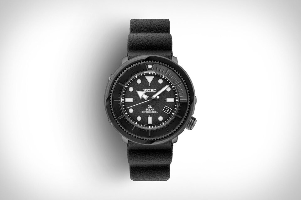 Seiko Reloj solar de cuarzo con esfera negra para hombre, Negro, Buceador