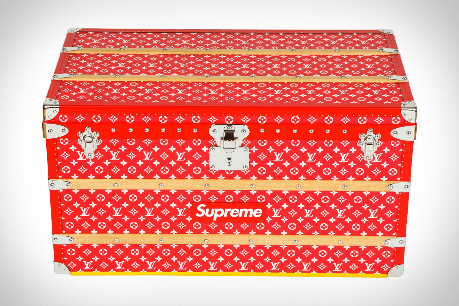 A LIMITED EDITION RED & WHITE MONOGRAM MALLE COURRIER 90 TRUNK WITH SILVER  HARDWARE BY SUPREME